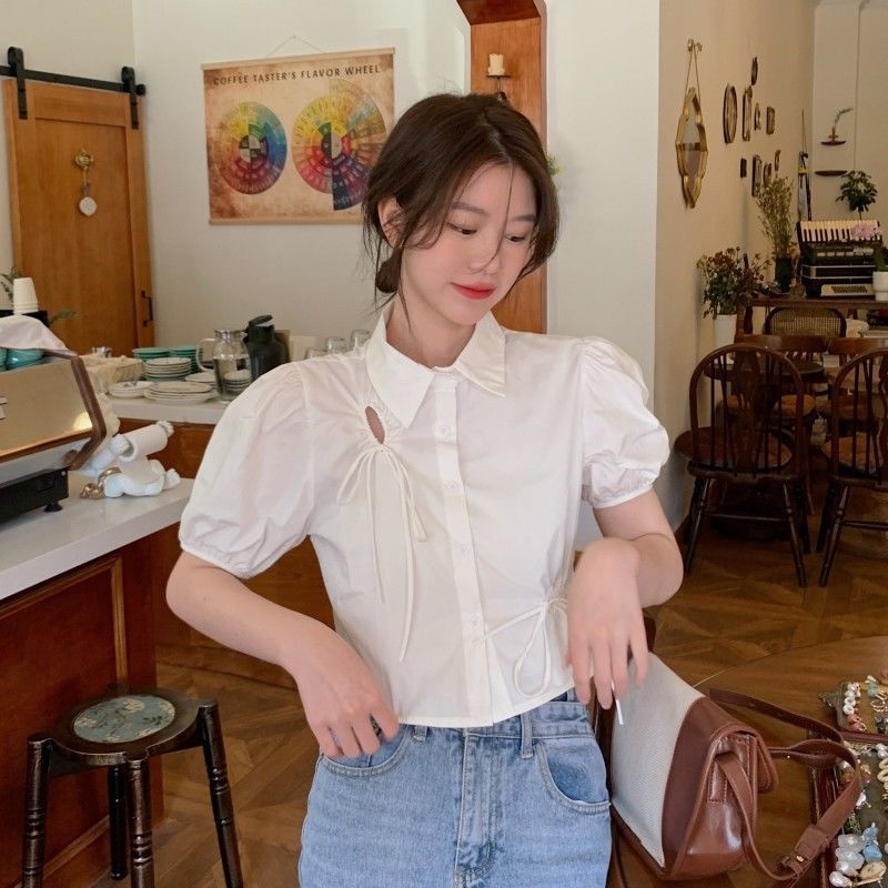Áo Sơ Mi Tay Ngắn Phồng Thiết Kế Dây Rút Thời Trang Mùa Hè Mới Cho Nữ