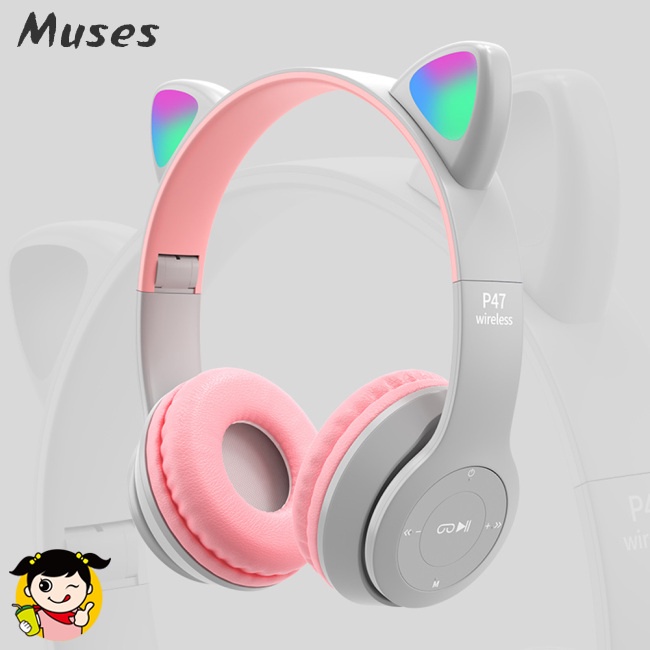 Tai Nghe Chụp Tai P47m Bluetooth Không Dây Thiết Kế Tai Mèo Dạ Quang Dễ Thương