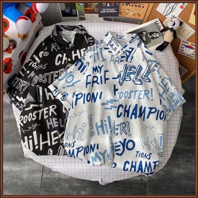 Áo Sơ Mi Nam Tay Ngắn Dáng Rộng In Chữ Phong Cách Hong Kong Thời Trang Mùa Hè