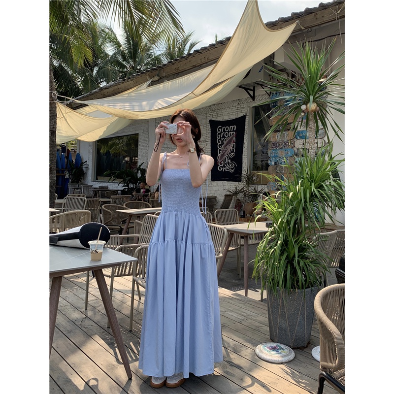 SUXI Đầm Hai Dây Dáng Dài Màu Sắc Trơn Thời Trang Mùa Hè Phong Cách Hàn Quốc Cho Nữ