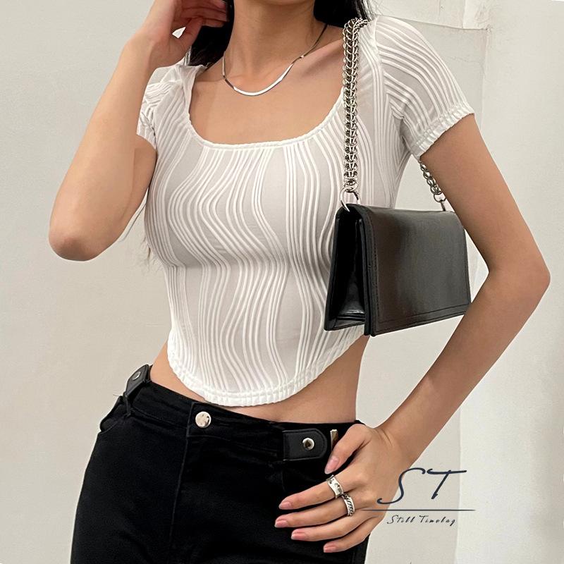 Áo Thun Crop Top Tay Ngắn Cổ Chữ U Họa Tiết Kẻ Sọc Phong Cách Đường Phố Thời Trang Mùa Hè CY03