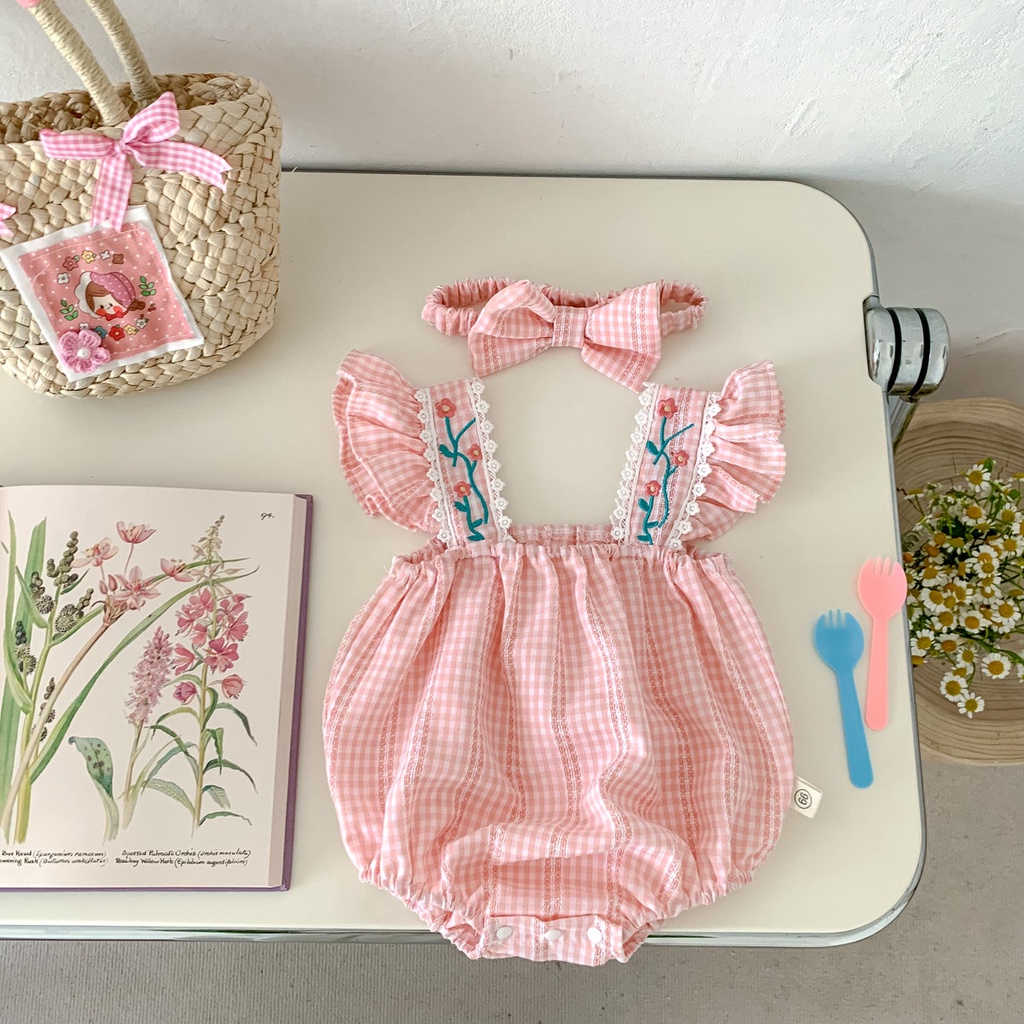 Bộ Áo Liền Quần Hai Dây Họa Tiết Caro Đính Nơ Dễ Thương Thời Trang Mùa Hè Cho Bé Gái