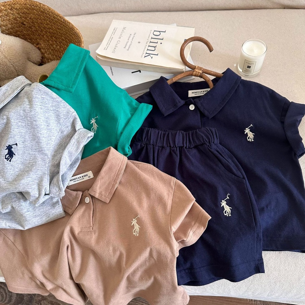 Bộ Áo Thun polo Ngắn Tay Thêu Họa Tiết + Quần short Thời Trang Mùa Hè Cho Bé