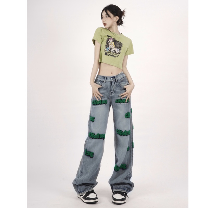 Quần Denim Ống Rộng Thêu Họa Tiết Phong RENJIANVSHENG Cách Retro Cho Nữ