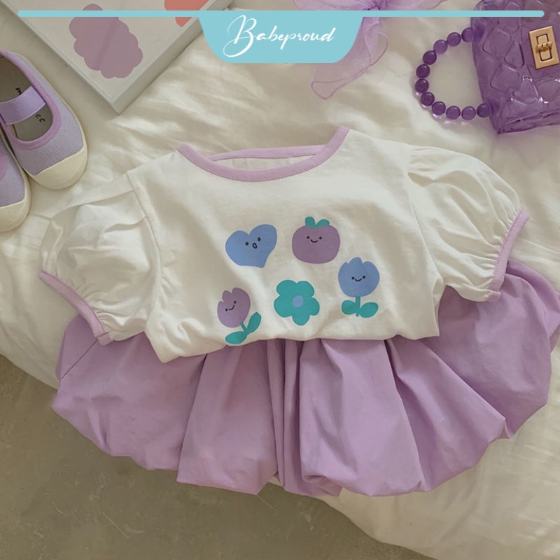 BABEPROUD Set Áo Thun Tay Ngắn Màu Tím Phối Quần Short Thời Trang Hè Hàn Quốc Xinh Xắn Cho Bé Gái 1-6 Tuổi