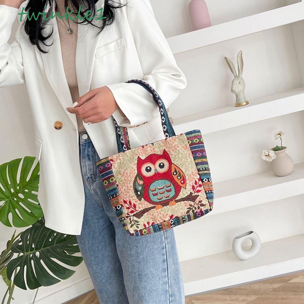 Túi Xách Tay Nữ Kẻ Sọc Thêu Hình Chim Cú Đáng Yêu