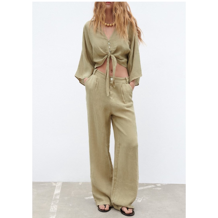 Set Áo Sơ Mi Cổ Chữ V Thắt Nút + Quần Dài Lưng Cao Ống Rộng Thời Trang Zara Mùa Hè 238372096 8372098