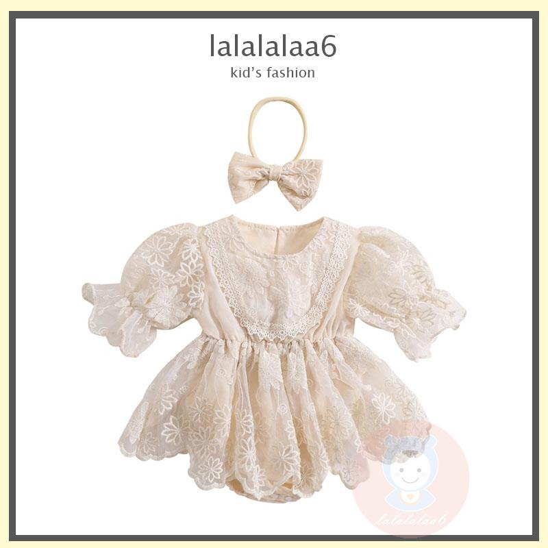 Bộ Áo Liền Quần Tay Ngắn Phối Ren Hoa + Băng Đô Co Giãn Thời Trang Mùa Hè Xinh Xắn Cho Bé