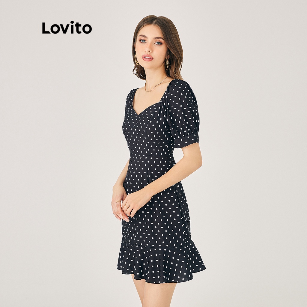 Đầm Lovito tay phồ̀ng cổ vuông phối bèo chấm bi thanh lịch cho nữ LNE02062 (màu đen)