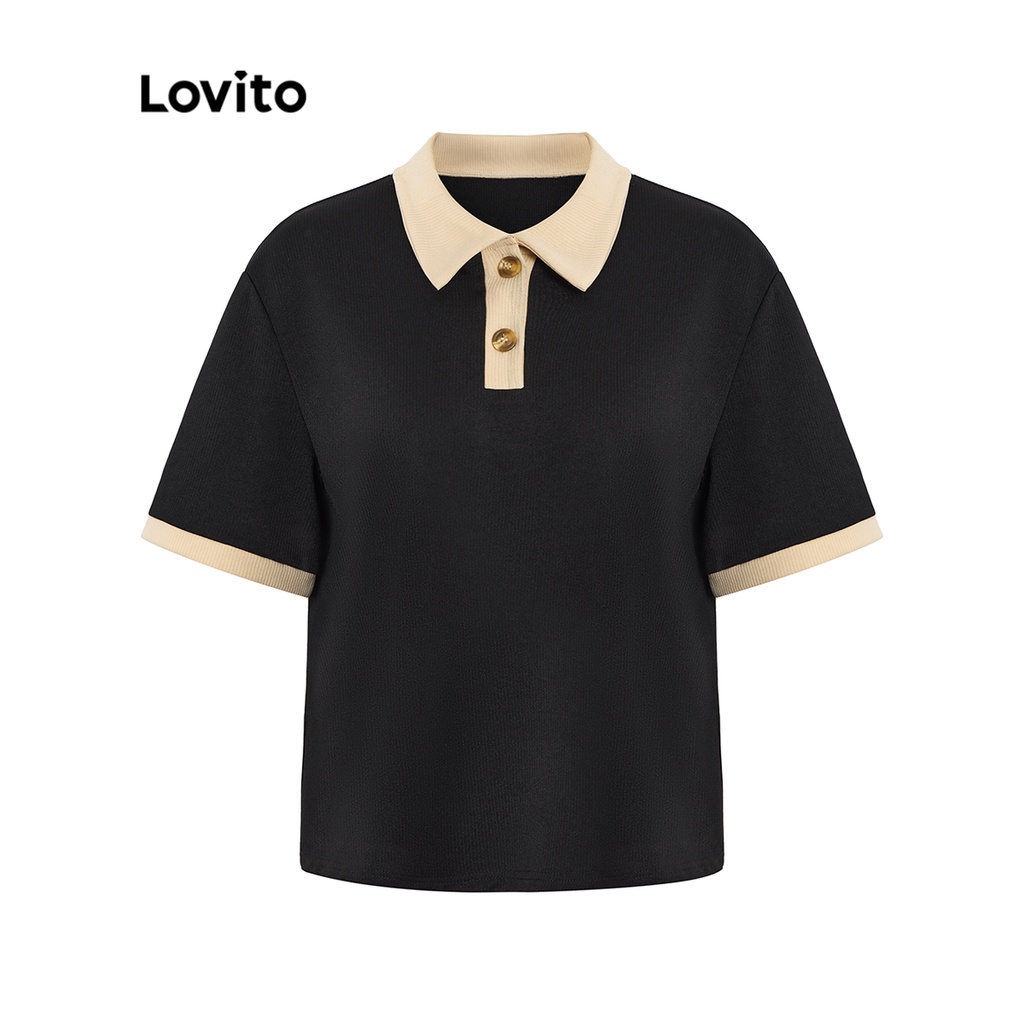 Áo thun Lovito tay ngắn phối cúc màu khối trơn cơ bản cho nữ L47ED014 (màu đen) | BigBuy360 - bigbuy360.vn