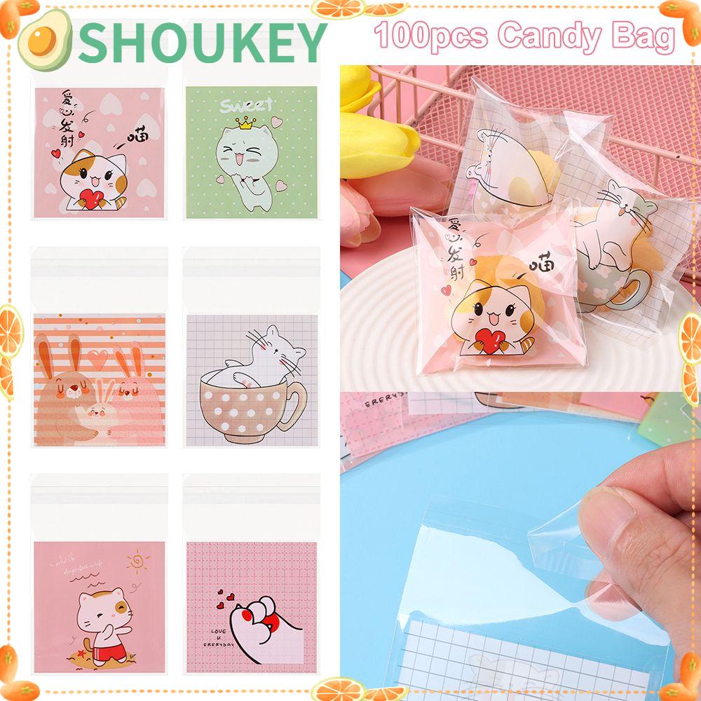 Set 100 Túi OPP 7x7cm Đựng Kẹo Thiết Kế Hình Mèo Dễ Thương