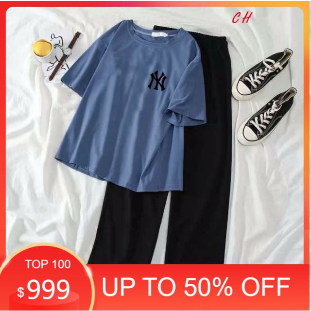 Sét áo tici Ny + quần suông, Áo thun nam nữ, quần kaki, quần nữ, sét bộ mặc ở nhà, áo thun tay dài, quần jean ống rộng D