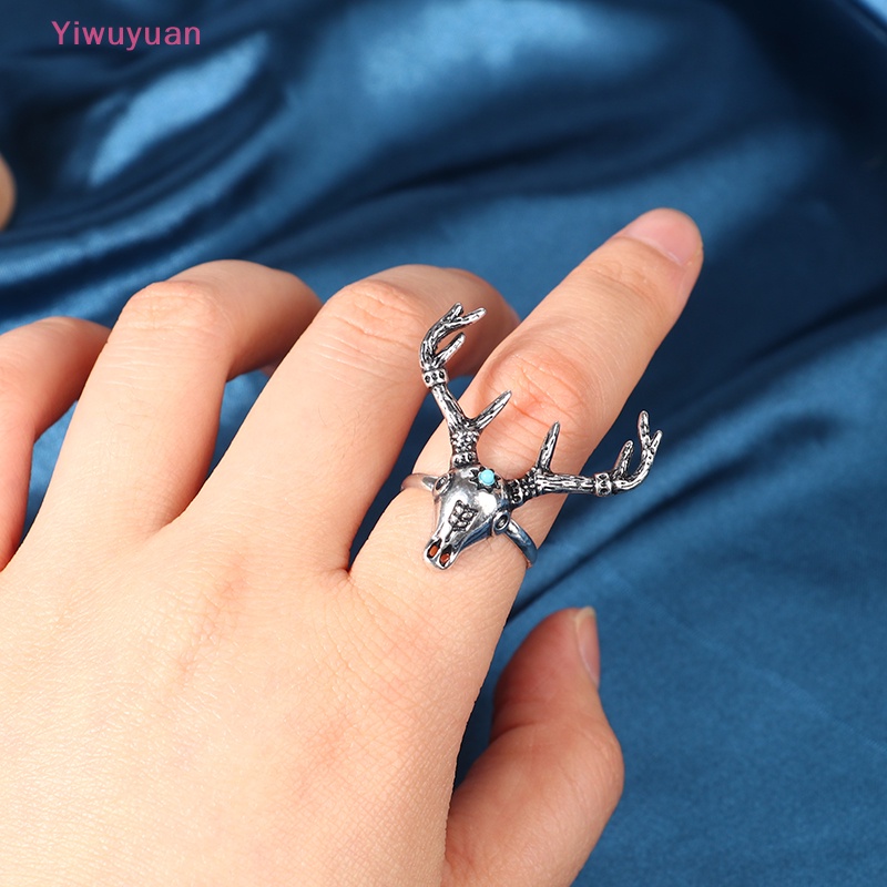 &lt; Yiwuyuan &gt; Nhẫn Hở Mạ Bạc Khắc Hình Đầu Hươu Phong Cách Boho Cổ Điển Có Thể Điều Chỉnh Kích Cỡ Cho Nữ