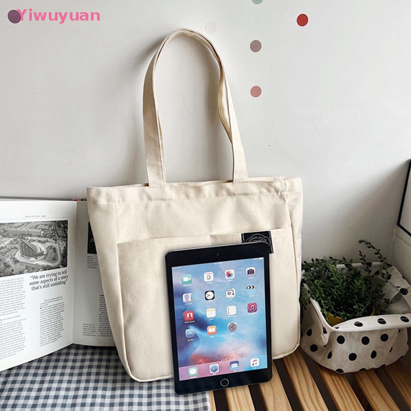< Yiwuyuan > Túi Xách Tote Bằng Vải Canvas Màu Trơn Thiết Kế Đơn Giản Sức Chứa Lớn Có Thể Tái Sử Dụng Cho Nữ