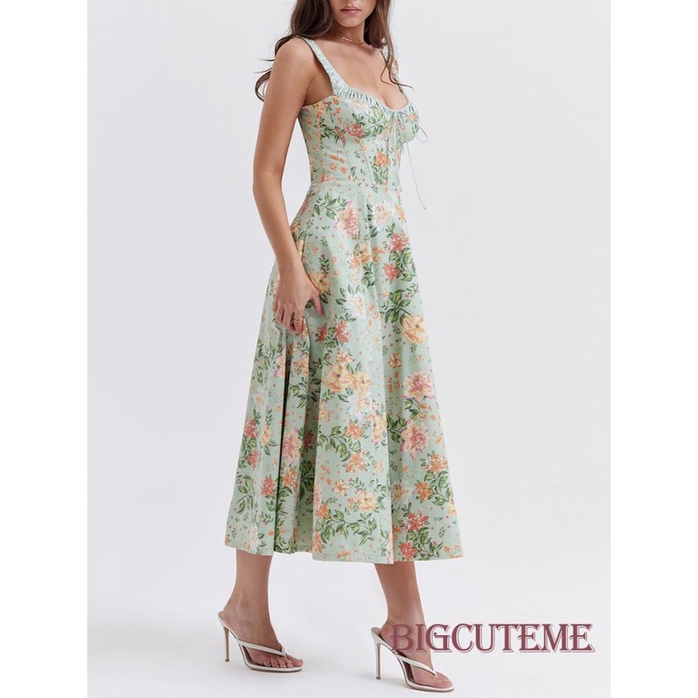 Đầm Midi Hai Dây Cổ Khoét Sâu In Họa Tiết Hoa Thời Trang Mùa Hè Cho Nữ