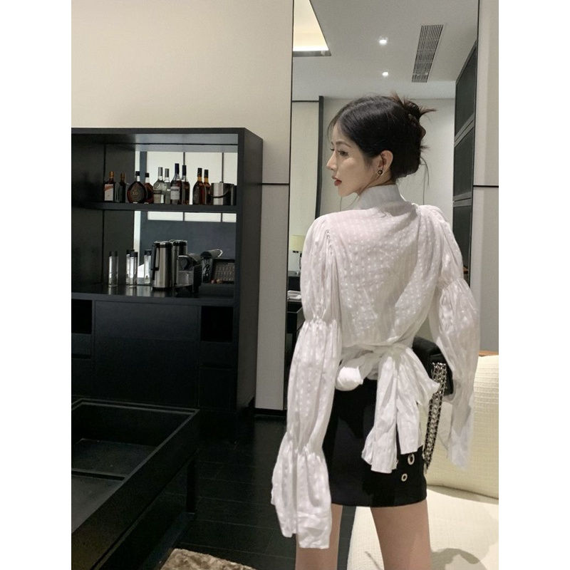 Áo Sơ Mi Trắng Tay Dài Cổ Bẻ Xếp Ly Cột Dây Thời Trang Mùa Xuân 2023 Phong Cách Mới Cho Nữ