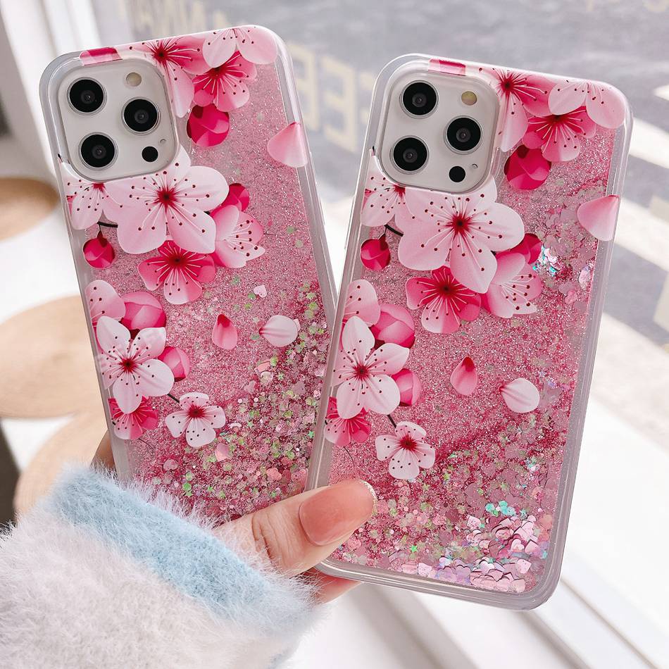 Ốp Điện Thoại Hình Hoa Phối Kim Tuyến Nước Cho IPhone 6 S 7 8 Plus 11 12 13 14 Pro MAX Mini X XR XS MAX 14Plus Se2020