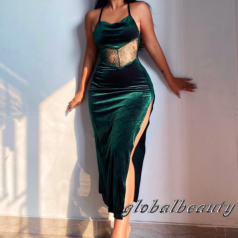 Đầm Dài Không Tay Phối Ren Hở Lưng Thiết Kế Xẻ Tà Cao Thời Trang Mùa Hè Cho Nữ