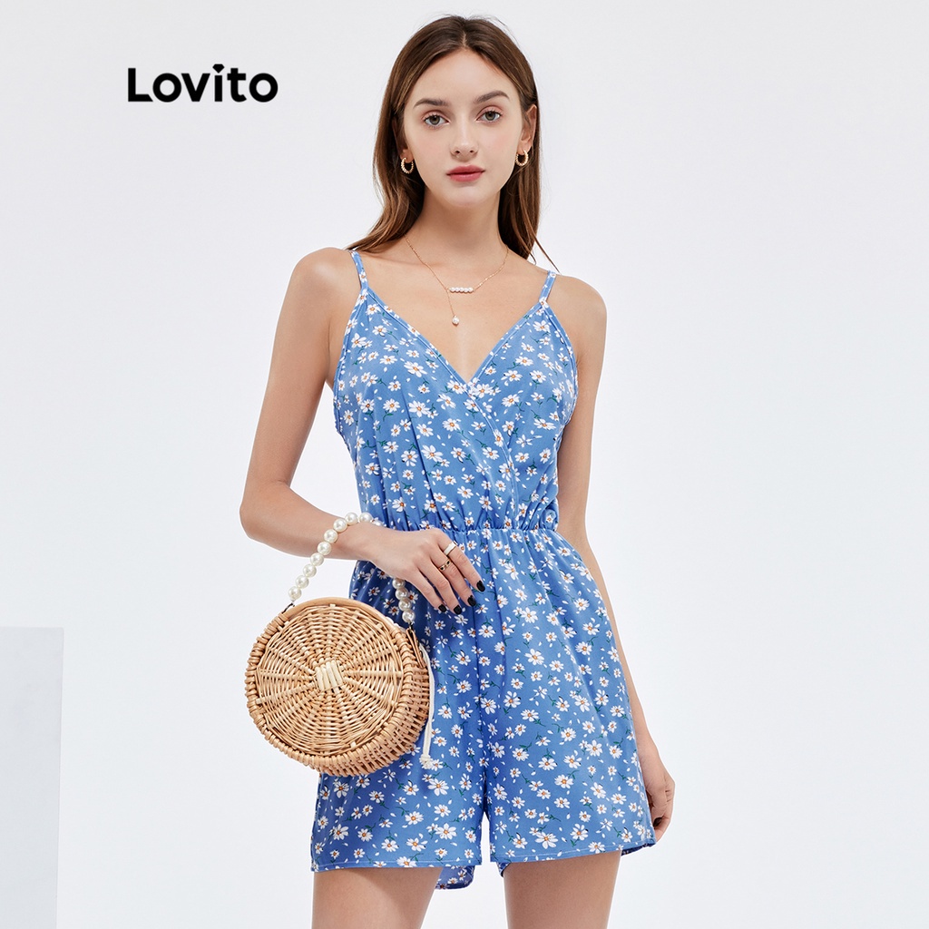 Áo liền quần Lovito hoa nhí nhẹ nhàng có nút ẩn hai dây mảnh phong cách thường ngày L25AD164 (màu xanh dương nhạt)