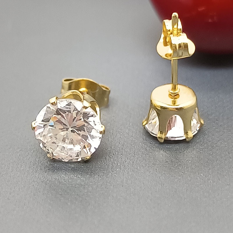 Bông Tai Inox 316 Hình Vương Miện Sáu Móng Đính Đá Zircon Sang Trọng