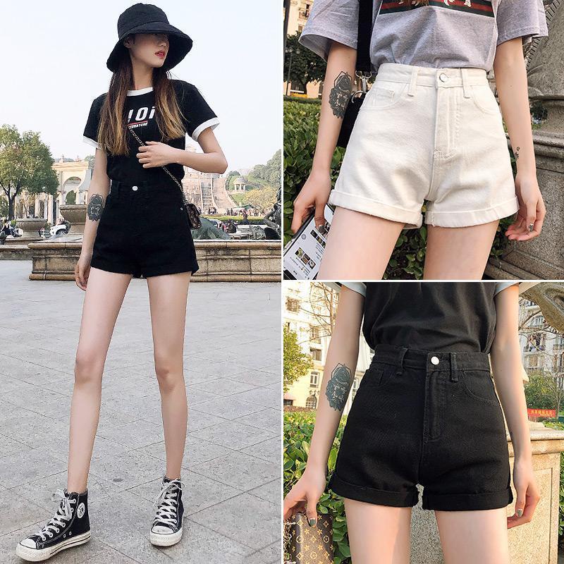 Quần Short Denim Dáng Chữ a Lưng Cao Ống Rộng Màu Đen / Trắng Thời Trang Mùa Hè 2023 Cho Nữ