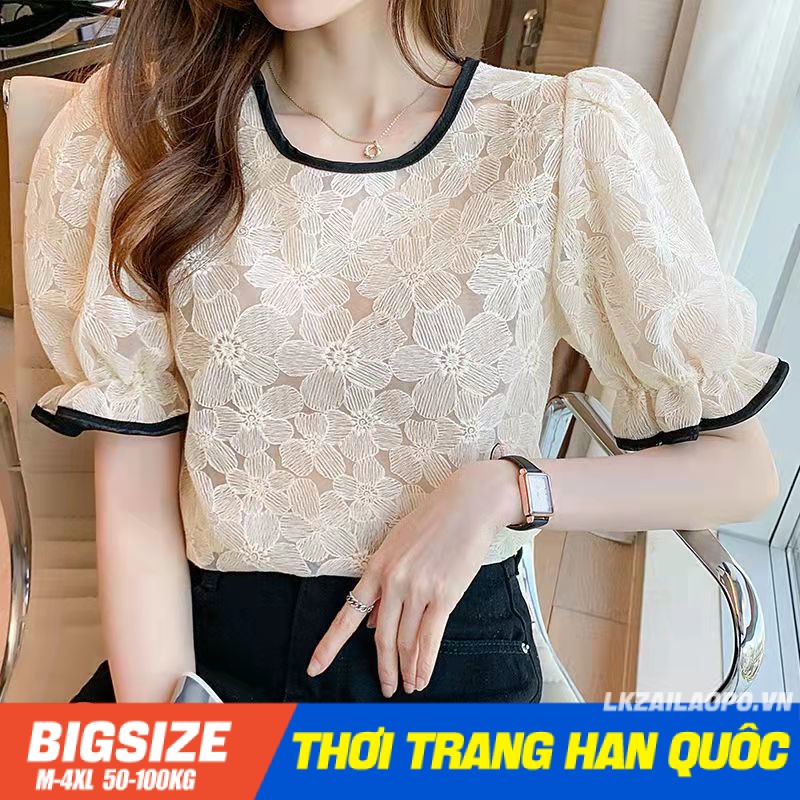 Áo sơ mi nữ tay ngắn Bigsize Áo ren tiểu thư kiểu form rộng cổ tròn trắng mùa hè Phong cách Hàn Quốc Thời Trang đẹp