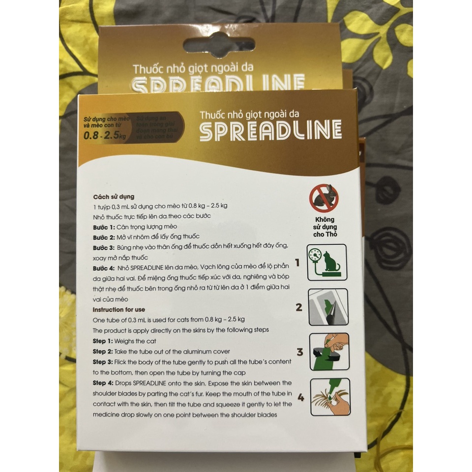 SPREADLINE - Tuýp nhỏ giọt ngoài da phòng sán dây, giun tròn, ấu trùng giun tim, ve và bọ nhảy cho MÈO