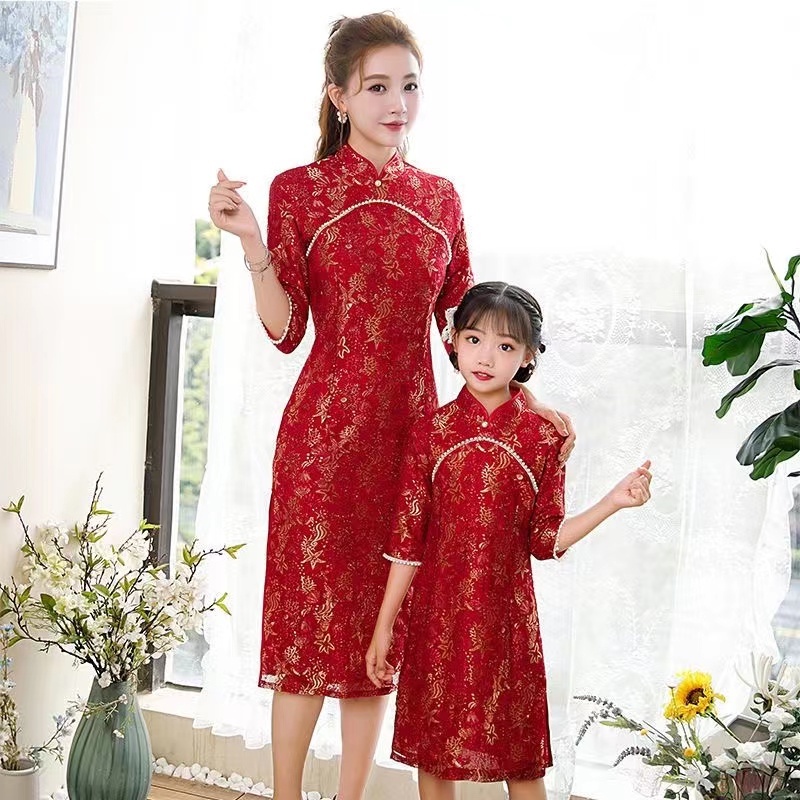 đầm công chúa dáng dài Đầm Qipao Tay Lửng Phong Cách Dân Tộc Mới Cho Mẹ Và Bé