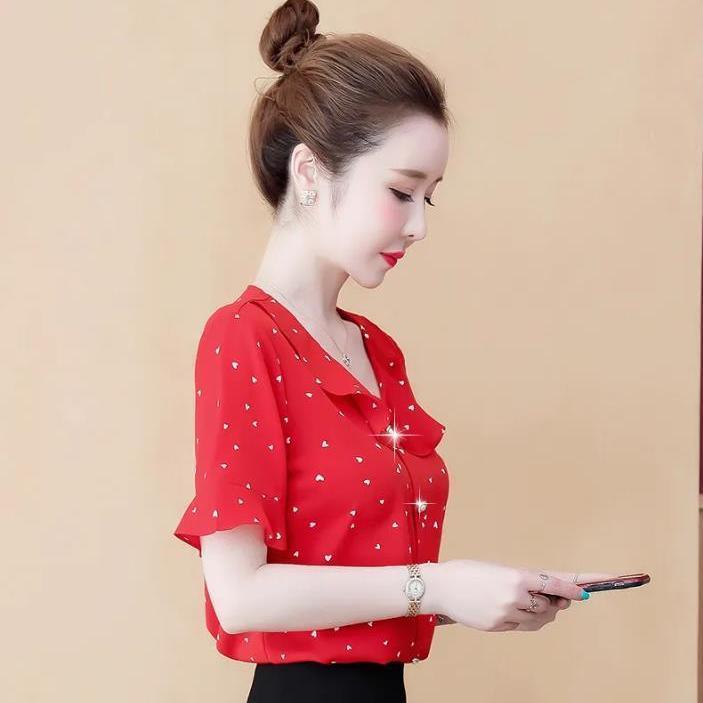 Áo Sơ Mi Chiffon Tay Ngắn Ống Loe In Hoa Thời Trang Mùa Hè Cho Nữ