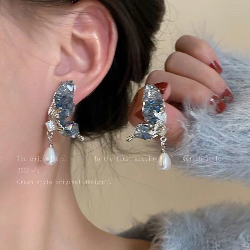 Bông Tai Hình Bướm Đính Ngọc Trai Nhân Tạo Thời Trang Dành Cho Nữ