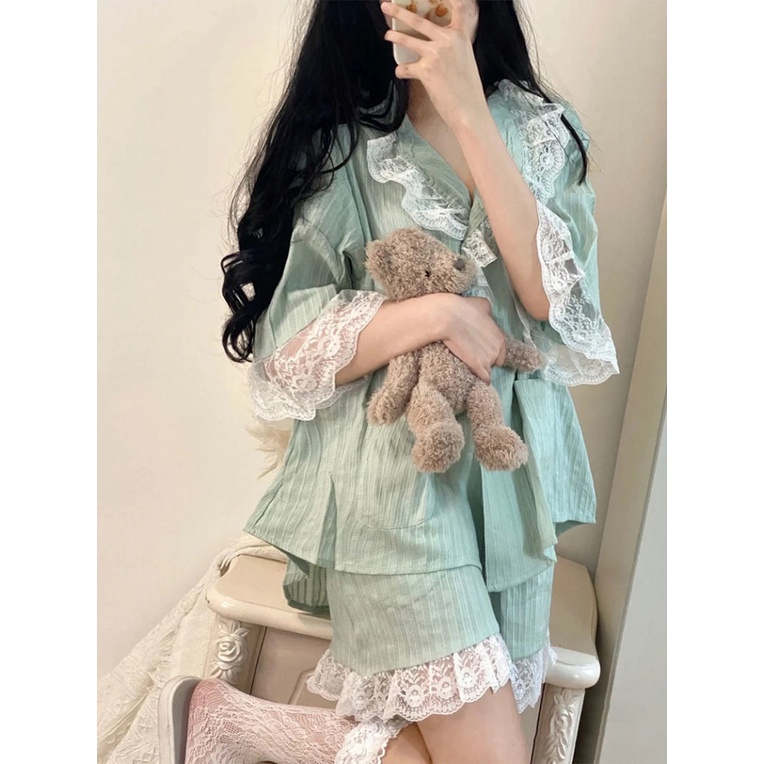 Bộ Đồ Ngủ Áo Tay Ngắn Phối Ren Màu Sắc Ngọt Ngào Phong Cách Nhật Bản Thời Trang Mùa Hè Cho Nữ
