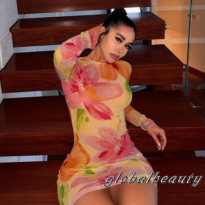 Đầm Ngắn Cổ Tròn Tay Dài Eo Cao Xuyên Thấu In Họa Tiết Hoa Cho Nữ