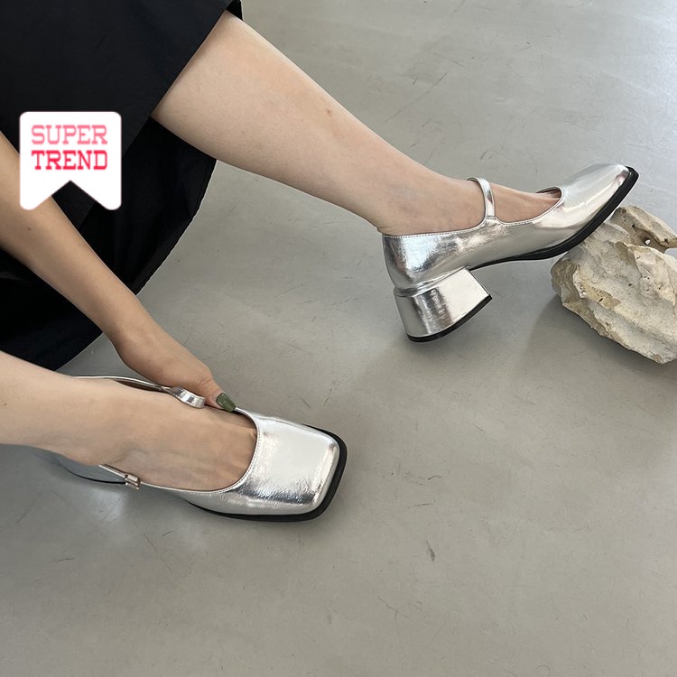 Giày Da PU Gót Thấp Mũi Vuông Phong Cách Mary Jane Hợp Thời Trang