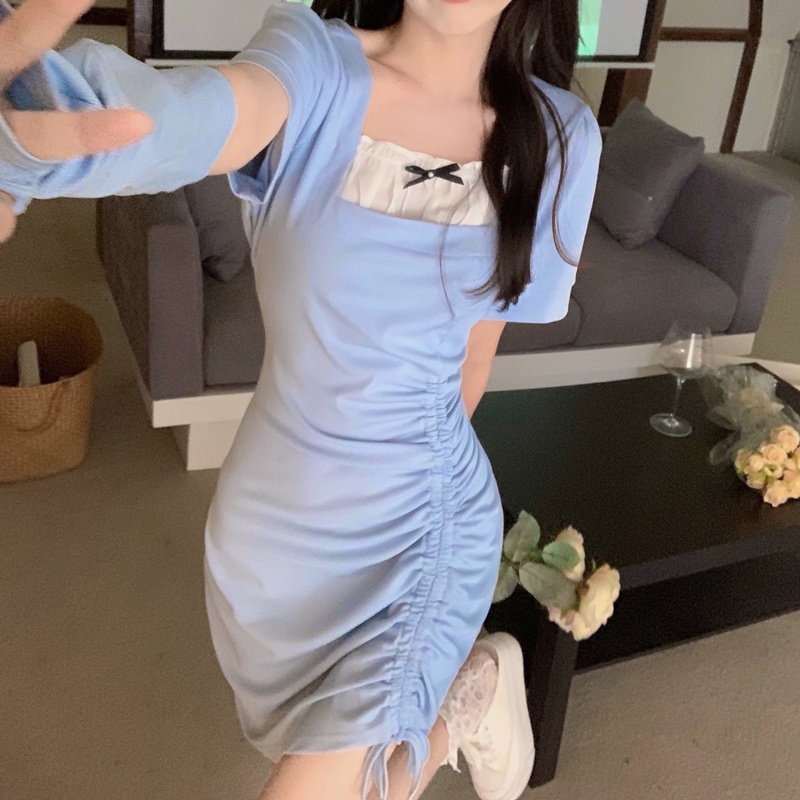TINGYAXIU Đầm Ngắn Tay Phối Dây Rút Phong Cách Trẻ Trung Dành Cho Nữ