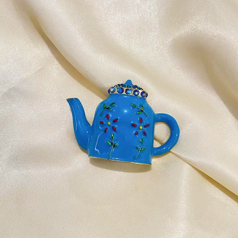 Ghim Cài Áo Hình Ấm Trà Dát Kim Cương Tráng Men Hình Hoa Phong Cách Trung Hoa Cổ Điển