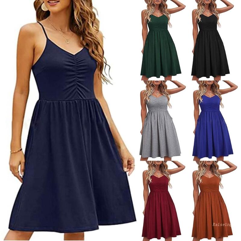 Đầm Midi Hai Dây Dáng Chữ A Xếp Ly Cổ Chữ V Thời Trang Mùa Hè Xinh Xắn Cho Nữ