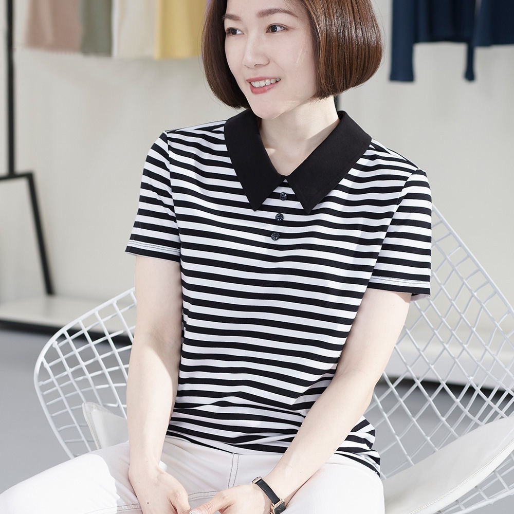 Áo Thun Cotton Tay Lửng Dáng Rộng Che Bụng Kẻ Sọc Ngang Phong Cách Mới