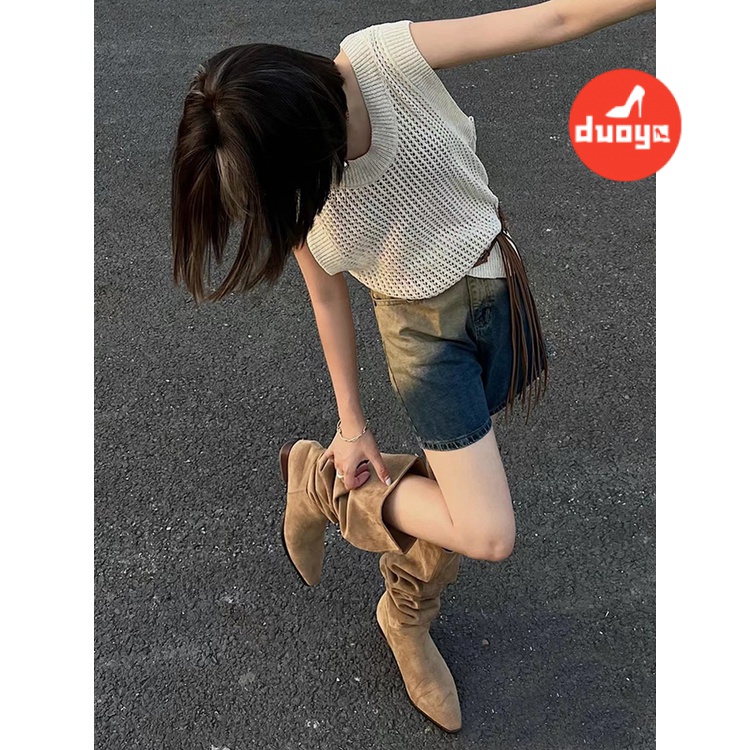 Duoya Hair Thẳng ~ [Hàng Có Sẵn] Giày Bốt Cao Bồi Phương Tây Cổ Cao Mùa Hè Thu Cho Nữ
