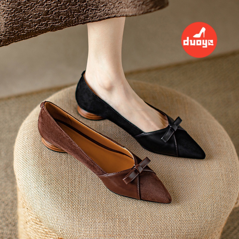 Duoya Tóc Thẳng ~ [Hàng Có Sẵn] Giày Cao Gót Mũi Nhọn Đính Nơ Gót Dày Mùa Xuân Cho Nữ Miễn Phí Vận Chuyển