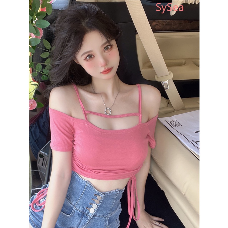 Áo Kiểu Trễ Vai Phối Dây Rút Thời Trang Mùa Hè Cho Nữ