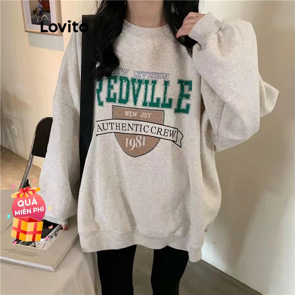 Áo sweater Lovito in chữ và hình nhân vật dệt kim sọc gân phong cách thường ngày L18X168 (Màu xám nhạt)