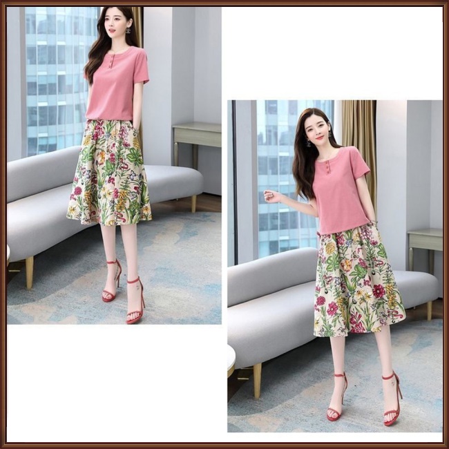 Bộ Trang Phục 2 Mảnh Áo Thun Tay Ngắn Cổ Tròn In Họa Tiết Hoa Phối Chân Váy Midi Thời Trang Cho Nữ