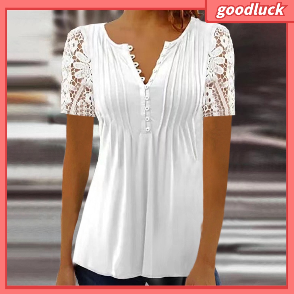 Áo Thun Tay Ngắn Cổ Chữ V Màu Trơn Phối Ren Lưới Xuyên Thấu Thời Trang Mùa Hè Cho Nữ