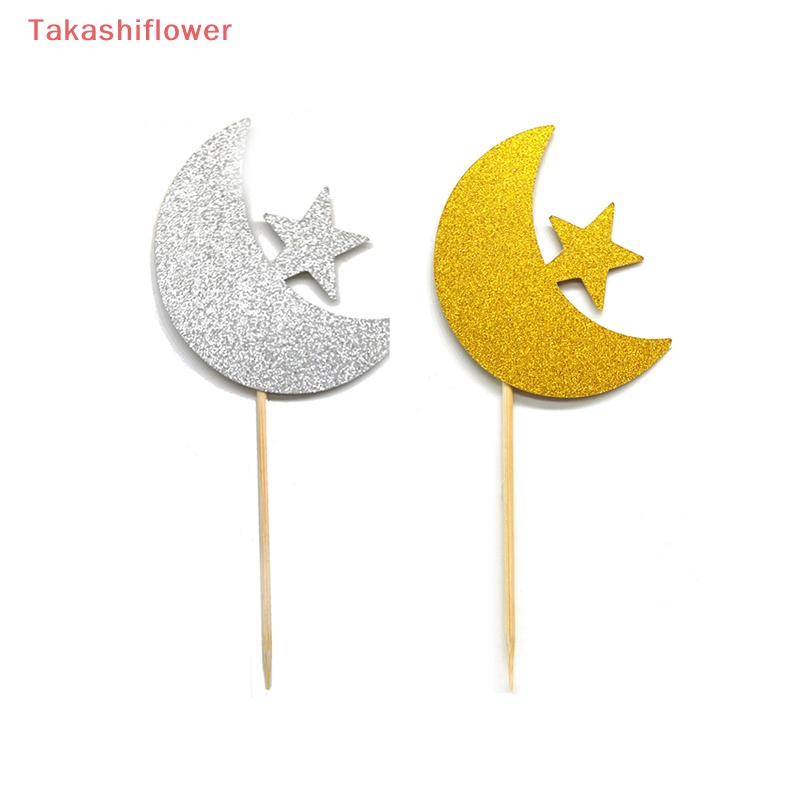 Set 12 Que Cắm Trang Trí Bánh Sinh Nhật Hình Ngôi Sao / Mặt Trăng Màu Vàng / Bạc