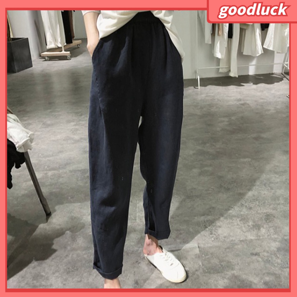 [ULK] Quần Harem Dáng Rộng Lưng Cao Mỏng Nhẹ Màu Trơn Có Túi Phong Cách Retro Cho Nữ
