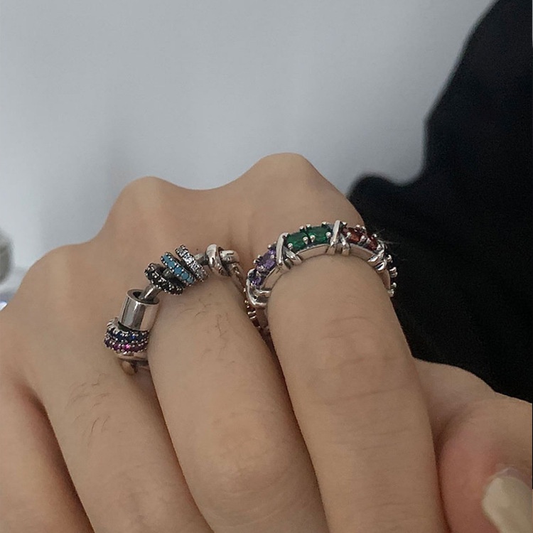 Nhẫn Tròn Đính Đá Zircon Nhiều Màu Phong Cách Hàn Quốc Cổ Điển Thời Trang Cho Nữ