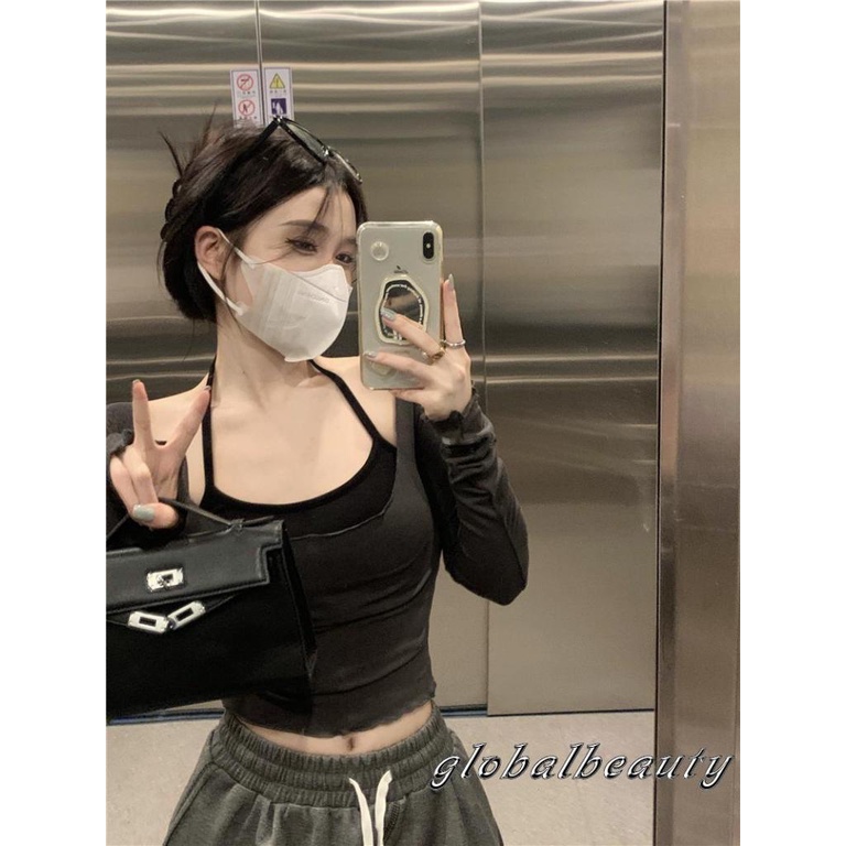 Áo Thun Tay Dài Ôm Dáng + Áo Hai Dây Gợi Cảm Hợp Thời Trang Cho Nữ