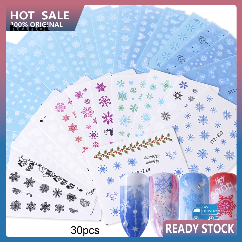 Set 30 Miếng Dán Trang Trí Móng Tay Họa Tiết Bông Tuyết Giáng Sinh Xinh Xắn
