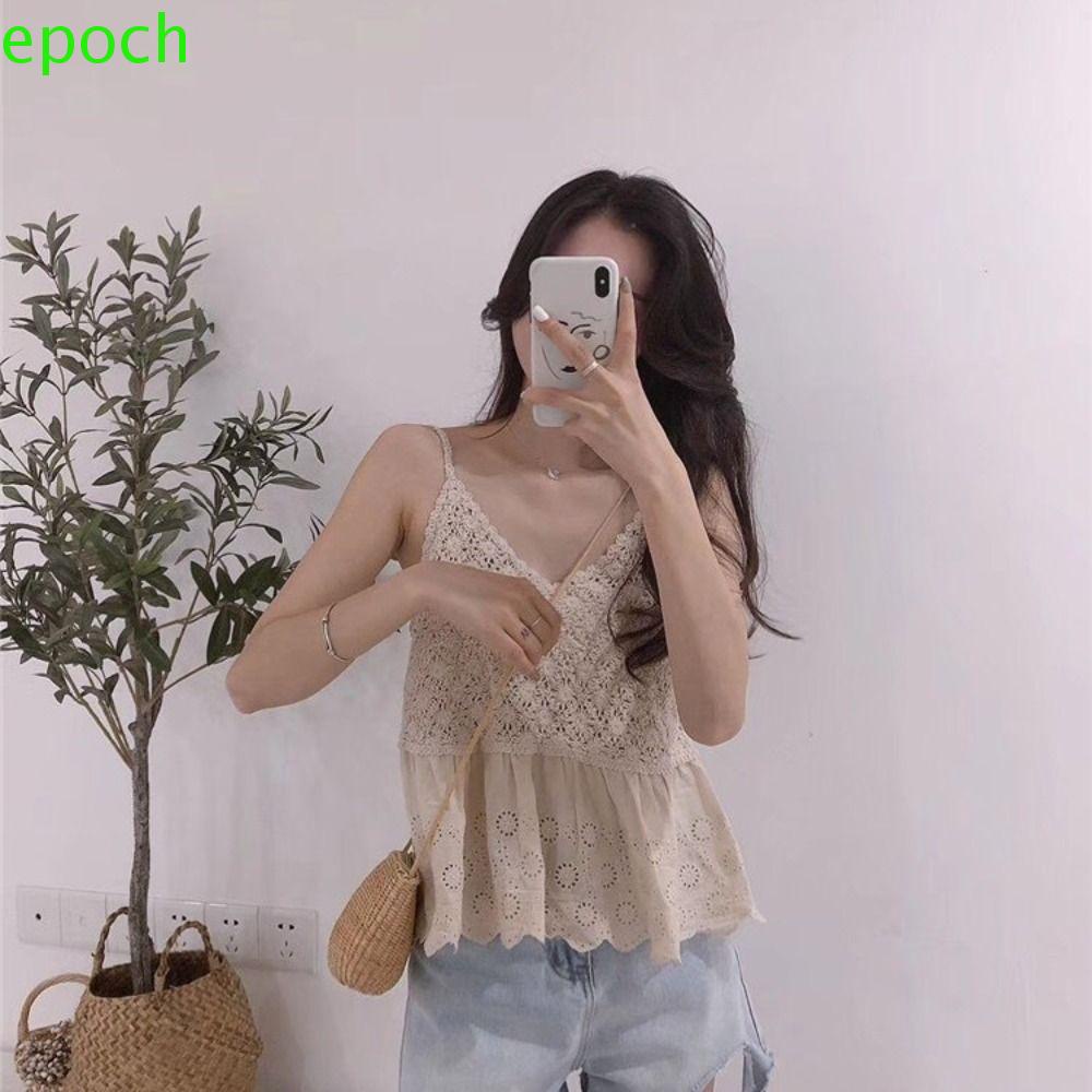 Epoch Áo Tank Top Dệt Kim Khoét Lỗ Cổ Chữ V Phong Cách Hàn Quốc Thời Trang Mùa Hè Cho Nữ