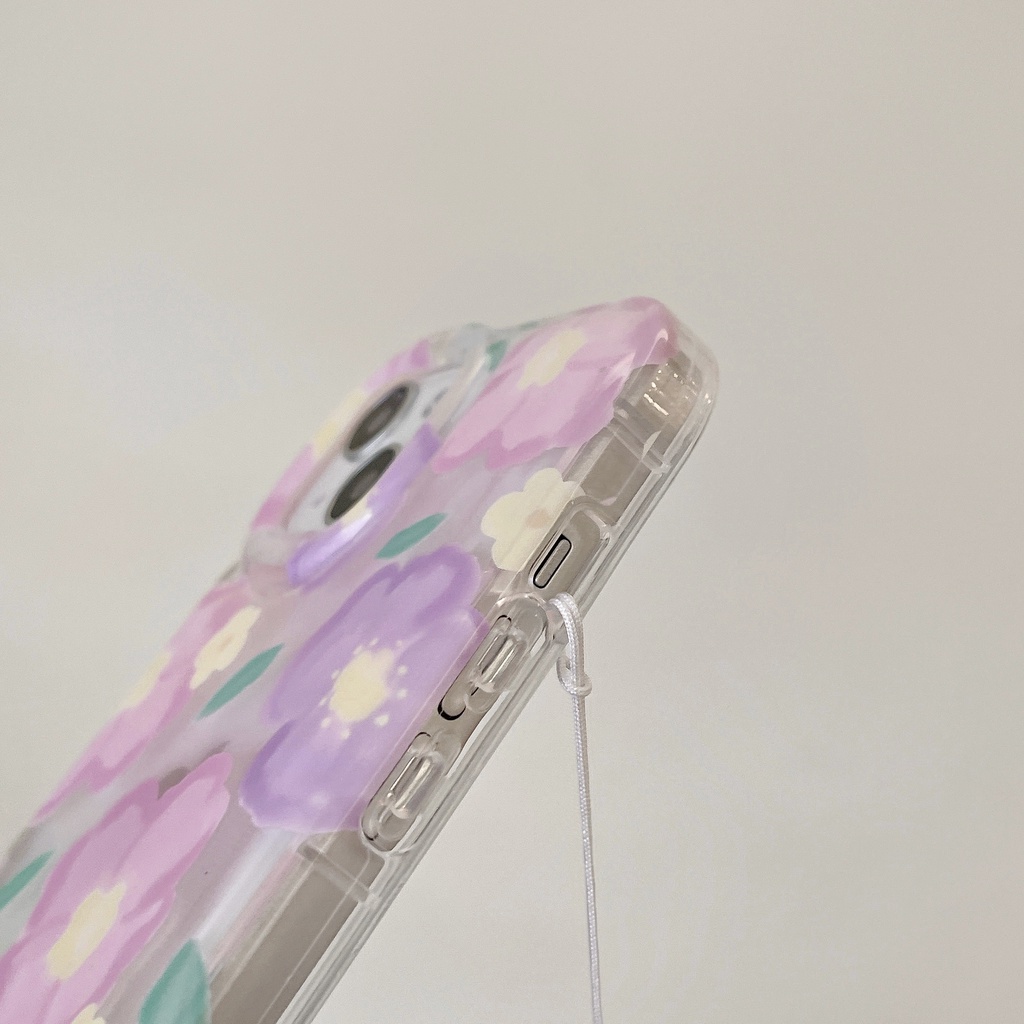 Ốp Điện Thoại TPU Dẻo Trong Suốt Họa Tiết Hoa Tím Kèm Vòng Tay &amp; Dây Đeo Chống Sốc Cho IPhone 14 13 12 11 Pro